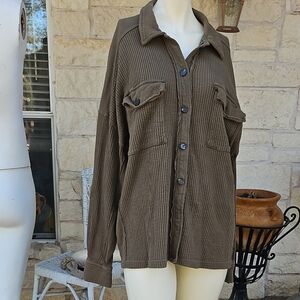 Cleo + Wolf Women's Green Waffle Knit Cotton Long Sleeve Shirt Shacket Size L/XL